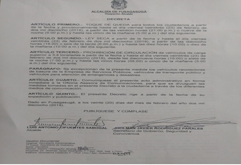 Comunicado alcaldía de Fusagasugá