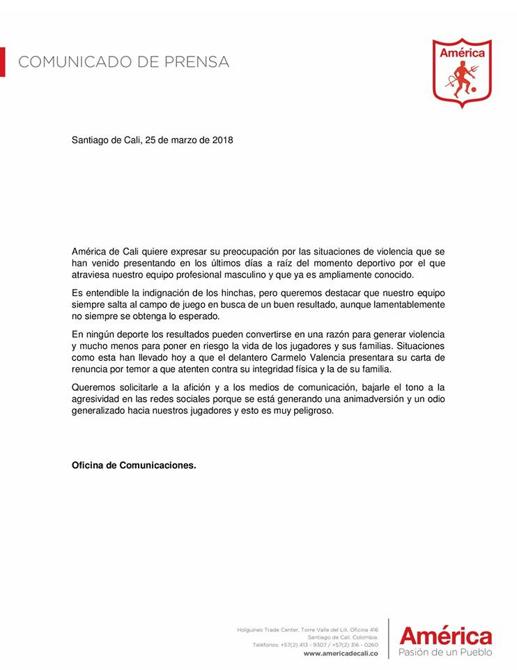 Comunicado de América de Cali Comunicado de América de Cali