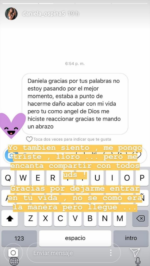Daniela Ospina respondió a un mensaje de gratitud de un fan