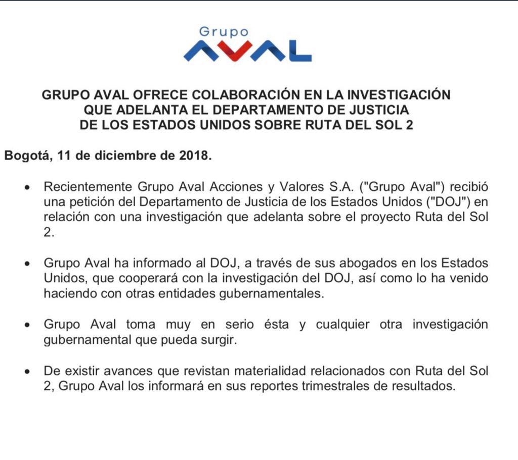 Comunicado Grupo Aval Estados Unidos