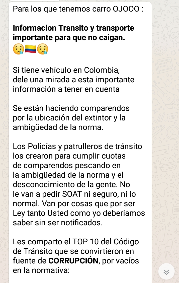 Esta es la cadena que circula en WhatsApp sobre las irregularidades del código de Tránsito