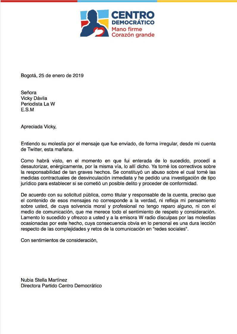 Carta de Nubia Stella Martínez a Vicky Dávila