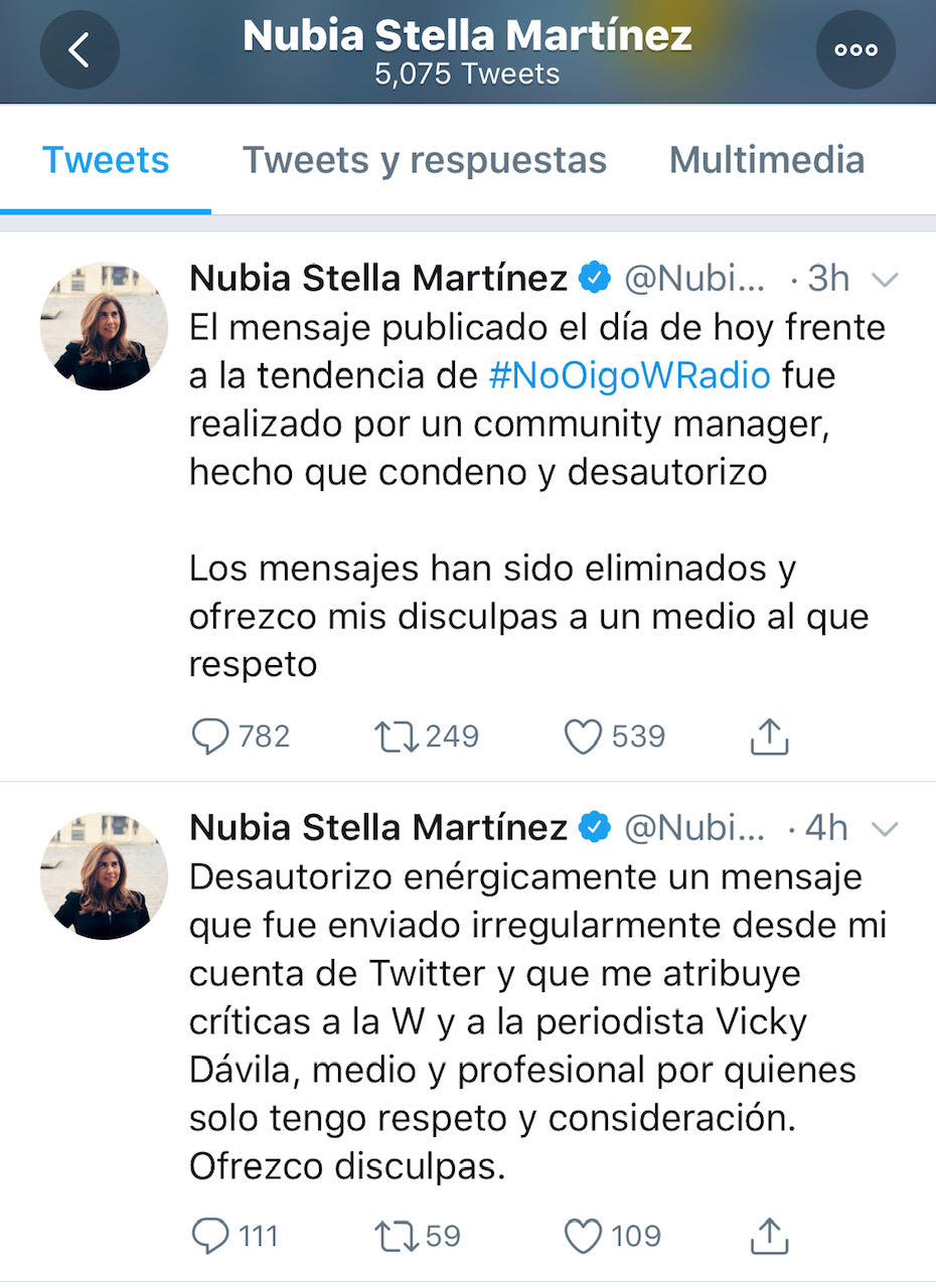 Pantallazo Twitter de Nubia Stella Martínez
