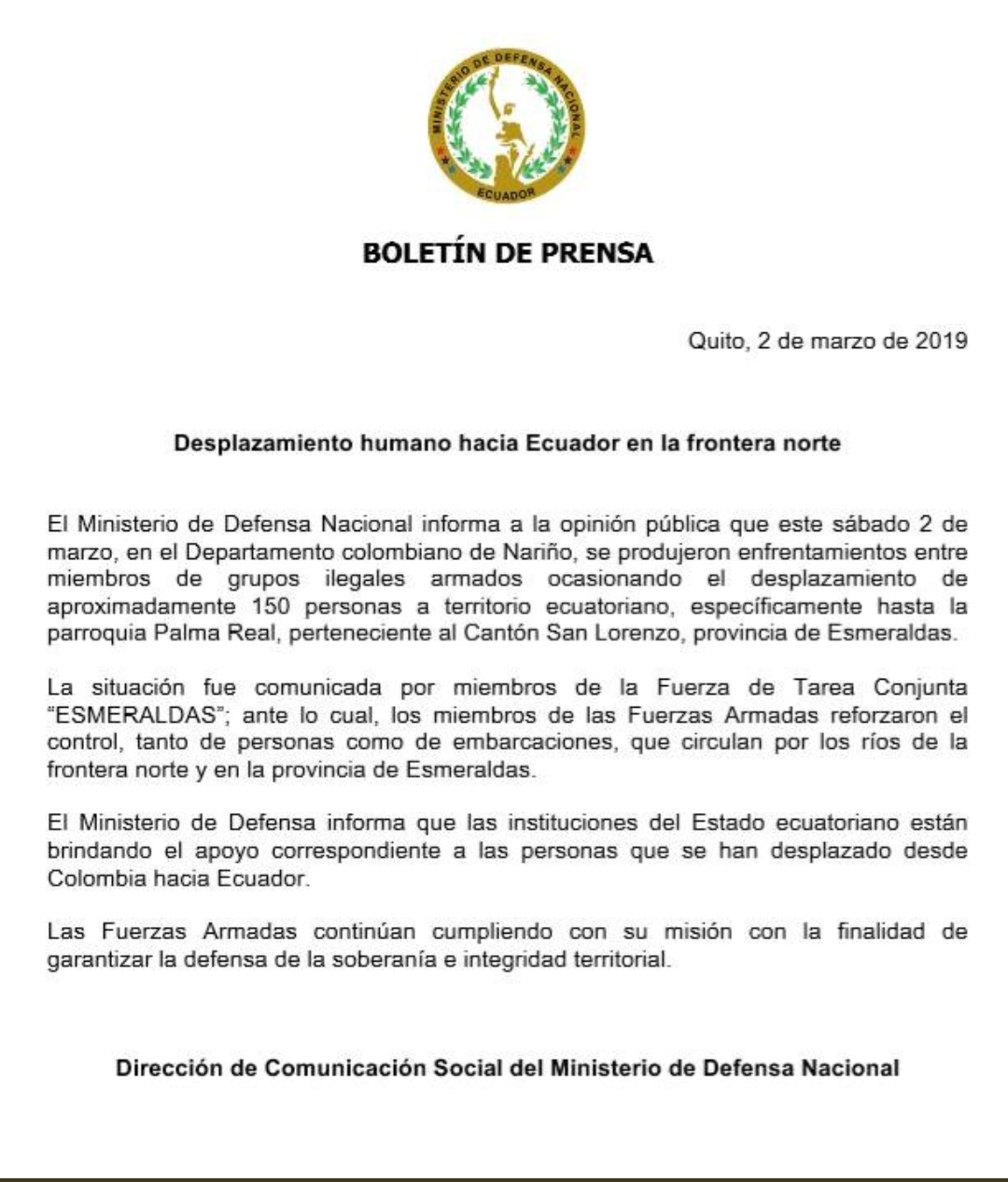 Este Comunicado del Ministerio de Defensa de Ecuador, elevó la alarma por los hechos ocurridos