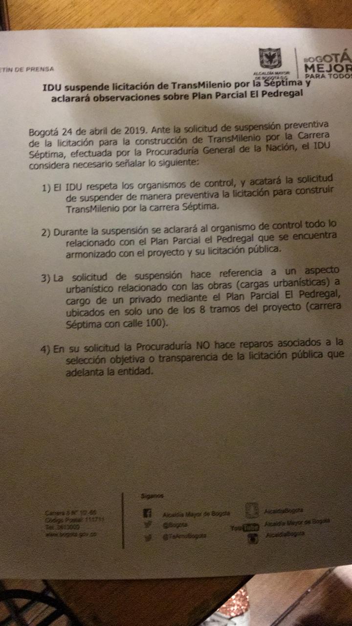 IDU suspende licitación del TM por la Séptima