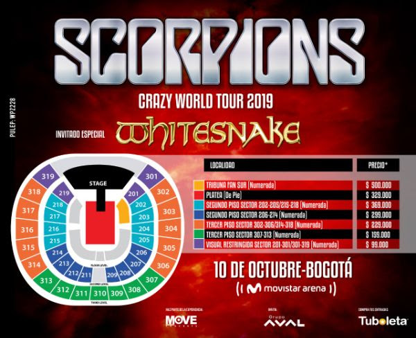 Boletería Scorpions y Whitesnake 2019 en Colombia (Movistar Arena de Bogotá)