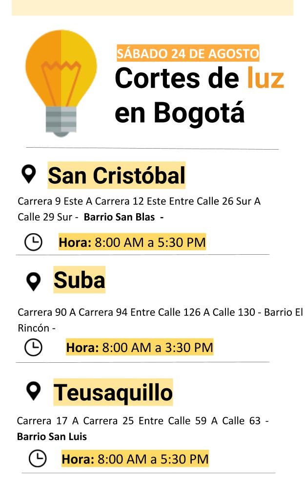 Plantilla cortes de luz sábado 24 de agosto de 2019