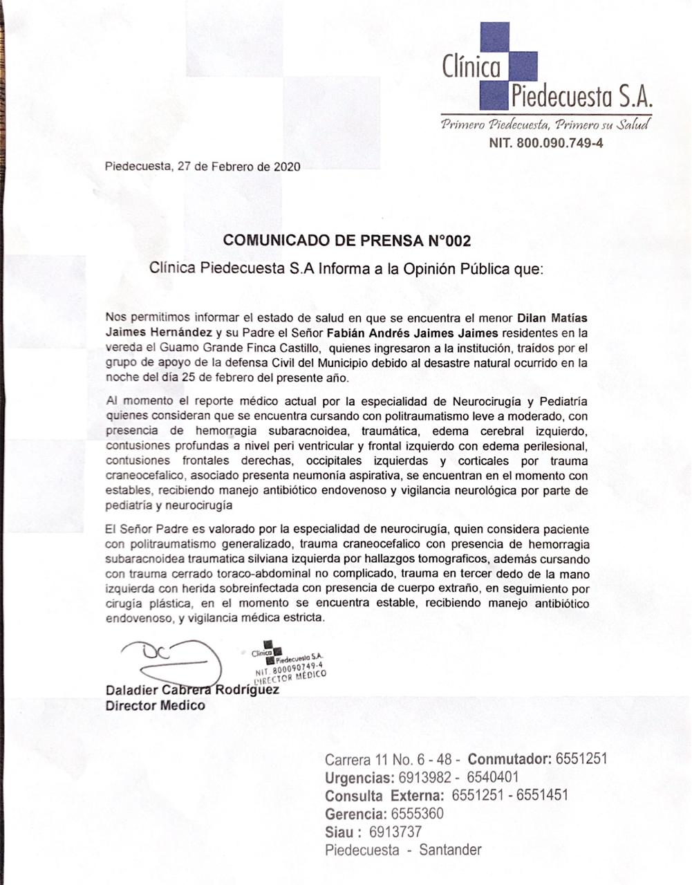 Comunicado clínica de Piedecuesta