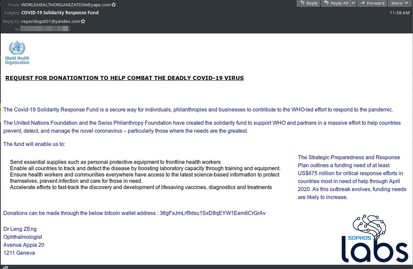 Correo de falso de la OMS