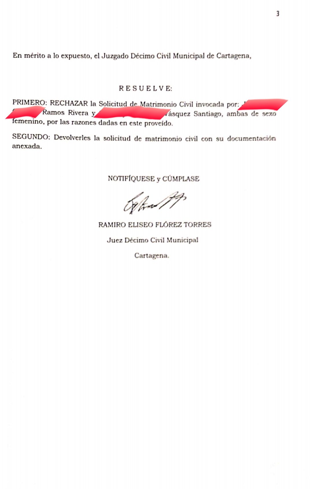 JUEZ DE CARTAGENA NIEGA MATRIMONIO HOMOSEXUAL