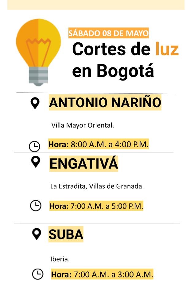 Cortes de luz para el sábado 08 de mayo