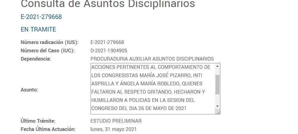 investigación preliminar contra los congresistas María José Pizarro, Inti Asprilla y Angela María Robledo.