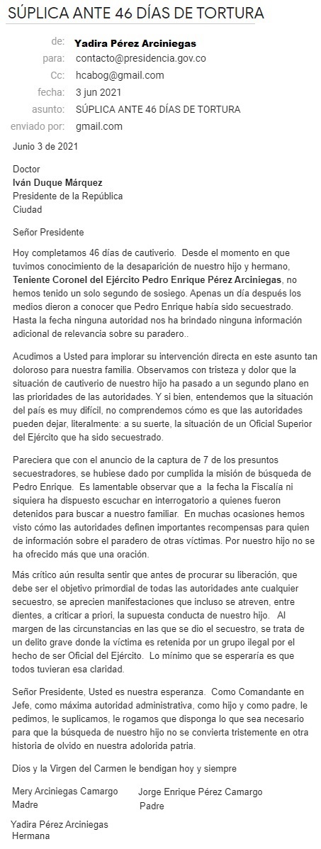 Secuestro, Coronel, Arauca, carta, familia