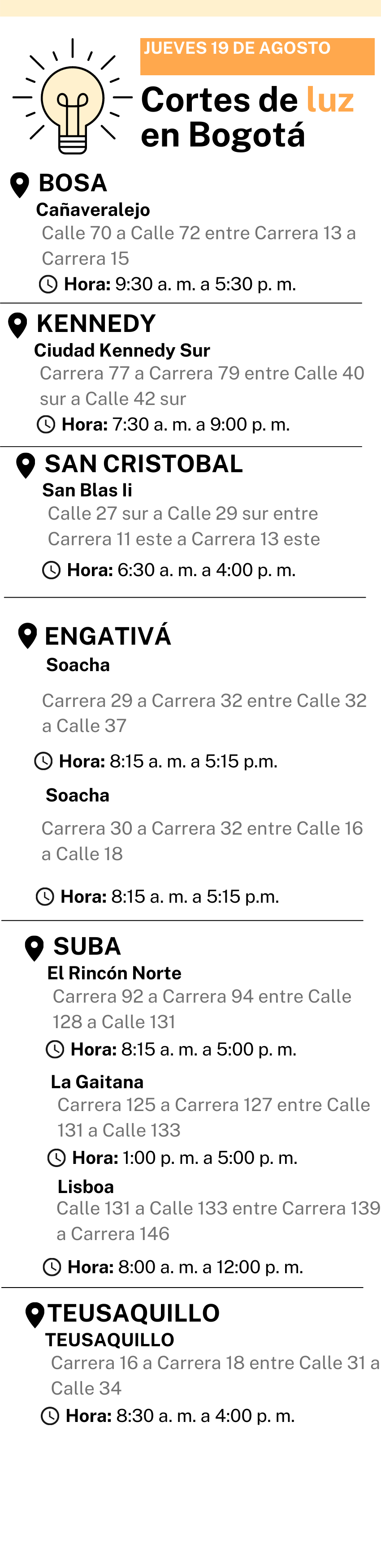 Cortes de luz en Bogotá para este jueves 19 de agosto