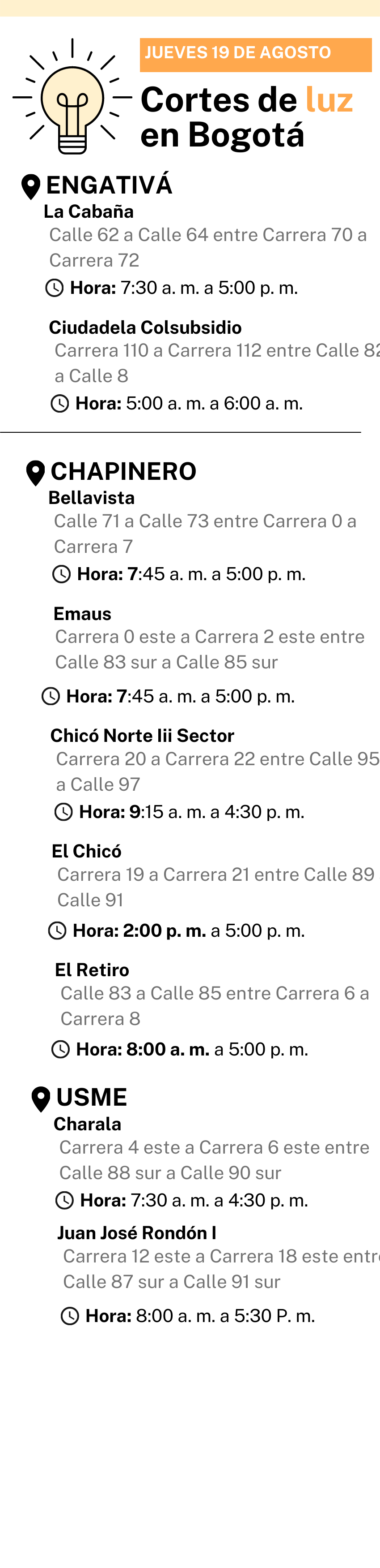 Cortes de luz en Bogotá para este jueves 19 de agosto