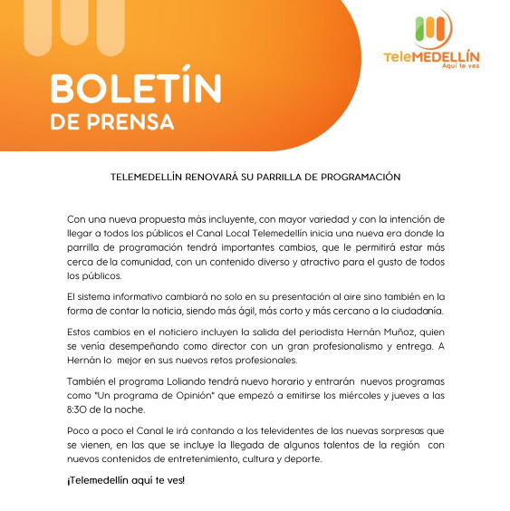 Comunicado Telemedellín.