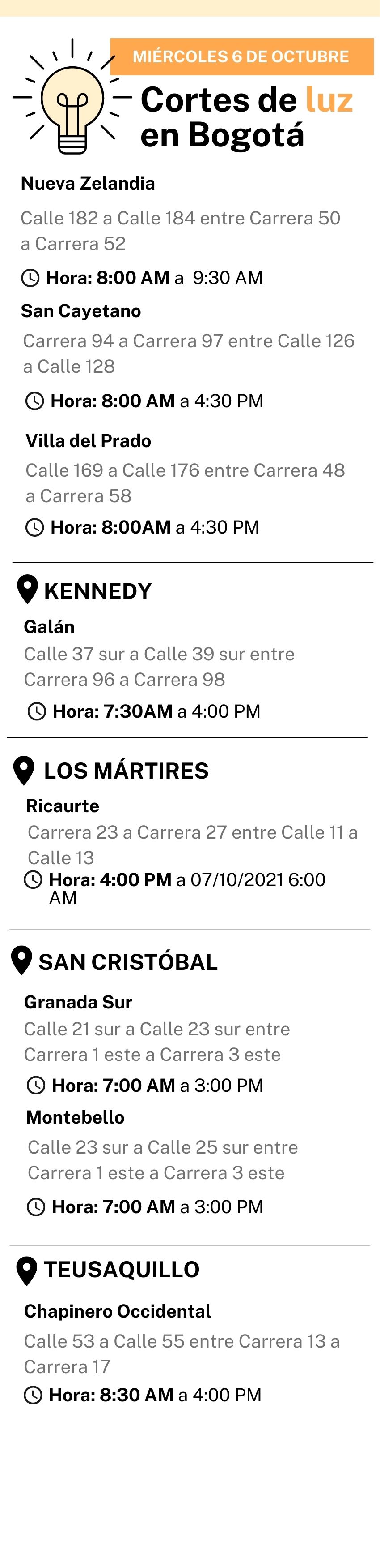 Cortes de luz 6 de octubre