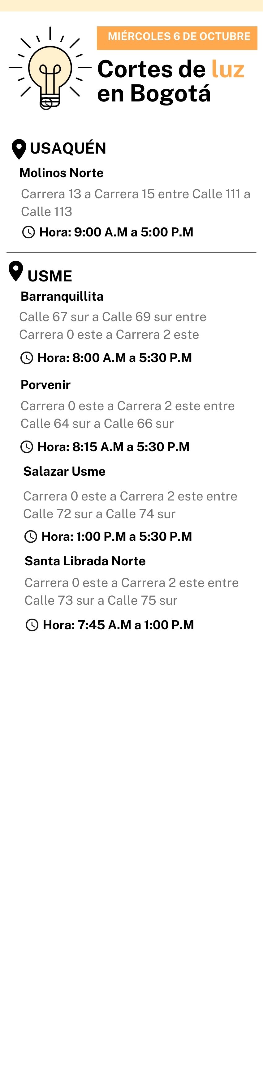 Cortes de luz 6 de octubre
