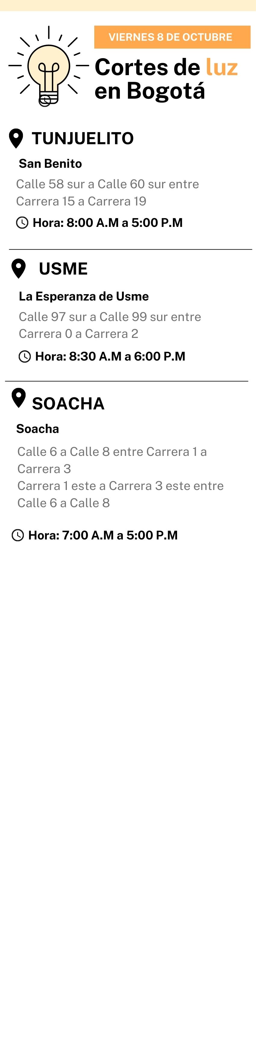 Cortes de luz para este 8 de octubre