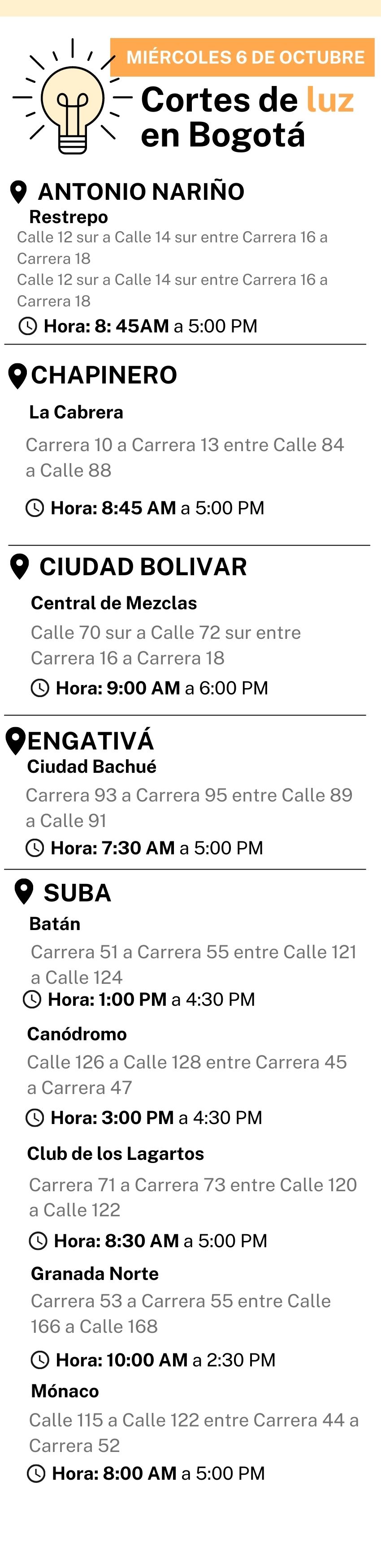 Cortes de luz 6 de octubre