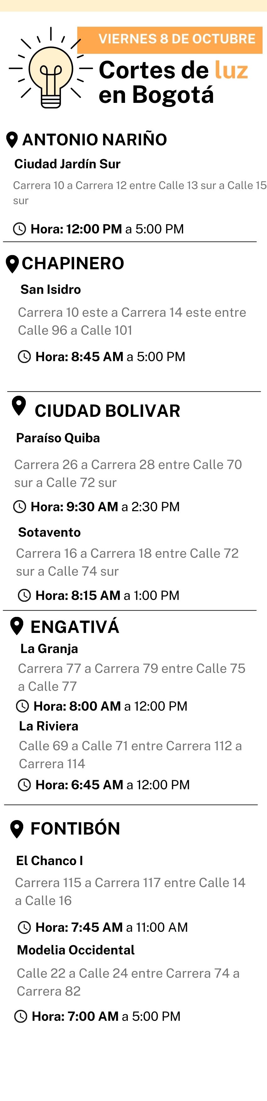 Cortes de luz para este 8 de octubre