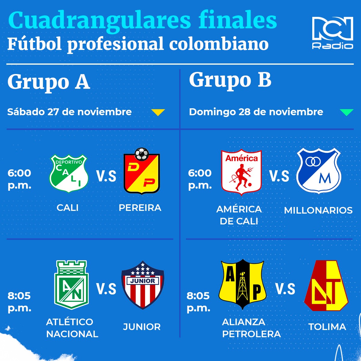 Fútbol colombiano HOY hora partido cuadrangulares 27 y 28 de noviembre Fútbol colombiano HOY hora partido cuadrangulares 27 y 28 de noviembre