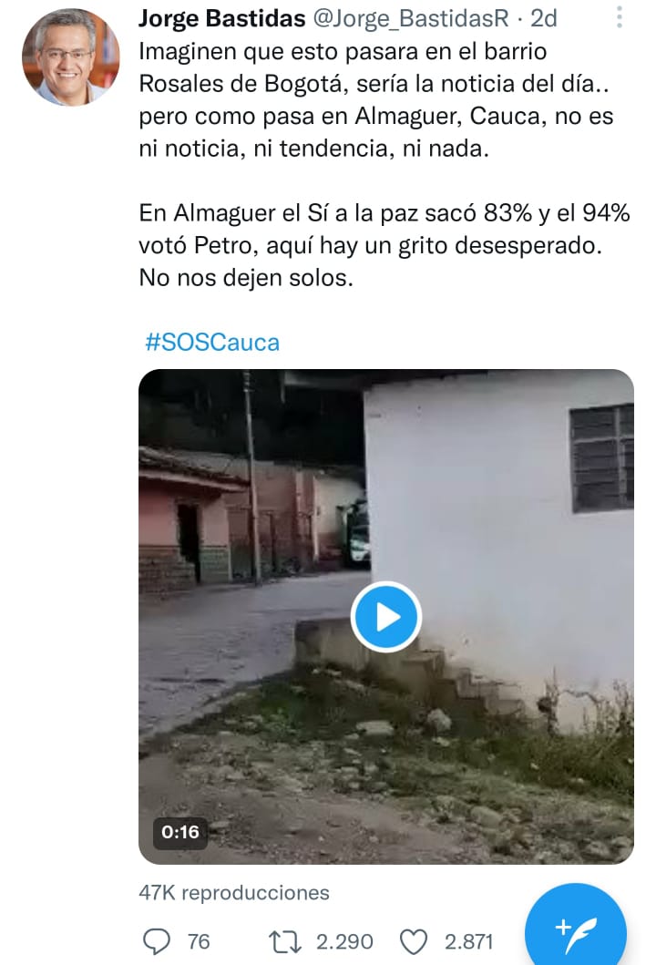 Representante a la Cámara por el Cauca se pronuncia sobre combates en Almaguer