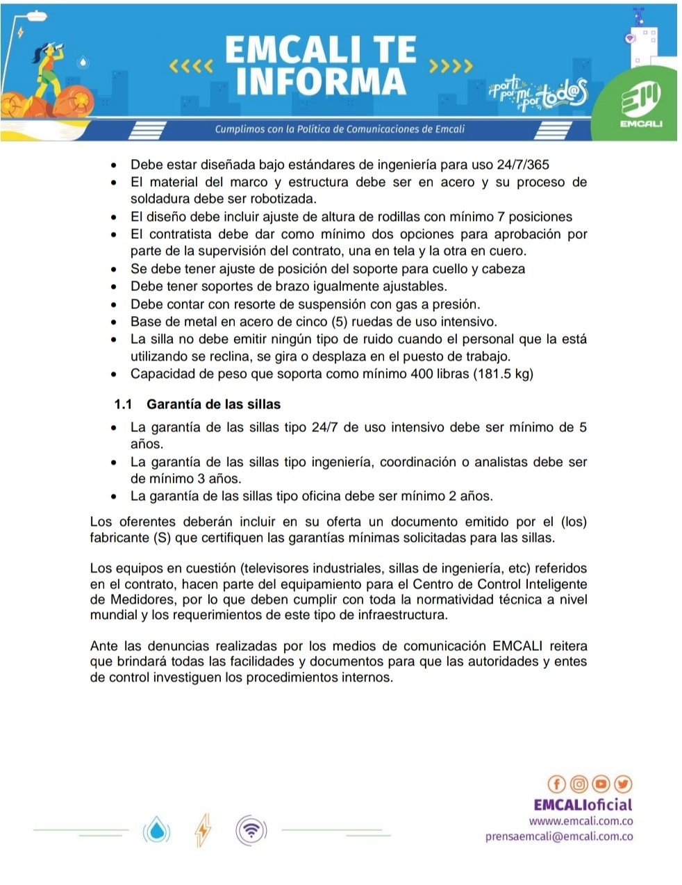 Comunicado Emcali presuntos sobrecostos