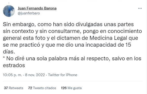 Mensaje de Fernando Barona en su cuenta de Twitter Mensaje de Fernando Barona en su cuenta de Twitter