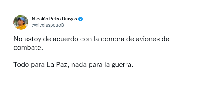 Nicolás Petro, en contra de que presidente Petro, compre aviones El gobierno de Petro piensa comprar aviones