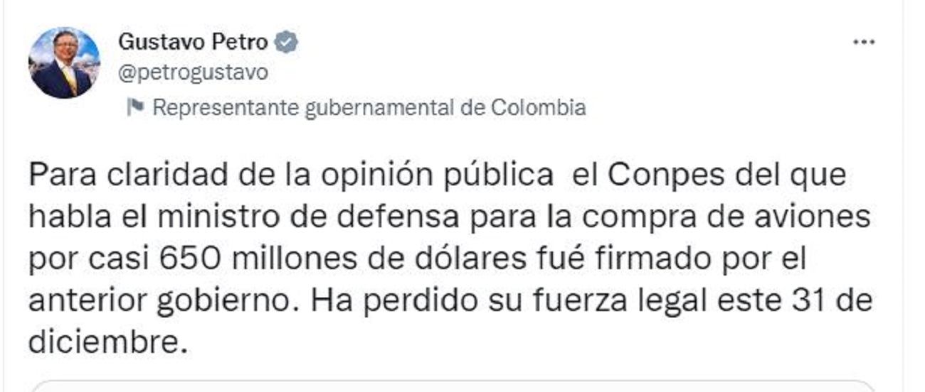 Trino del presidente Gustavo Petro sobre caída en compra de aviones