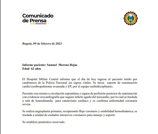 Comunicado Salud de Samuel Moreno