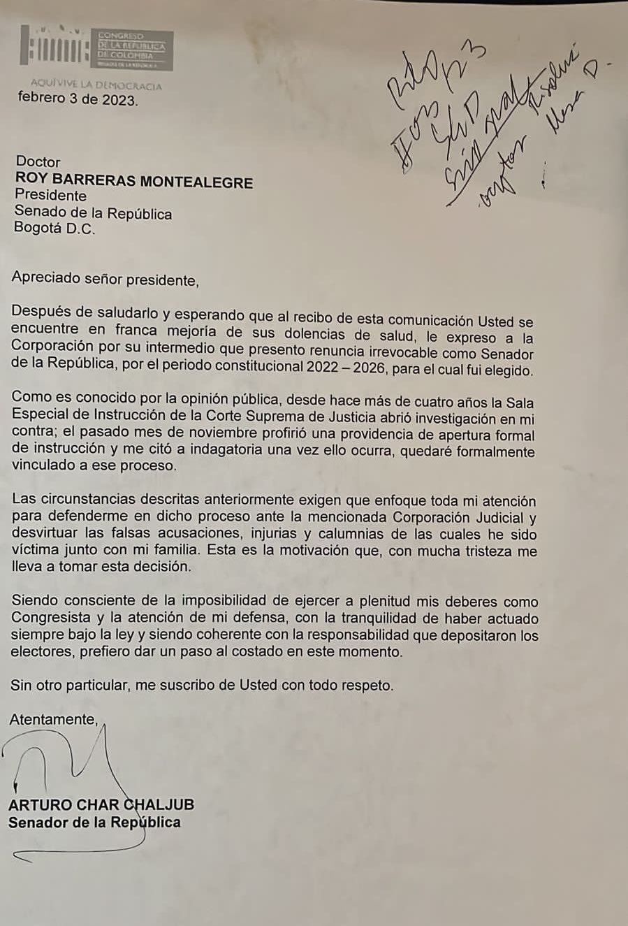 Renuncia de Arturo Char
