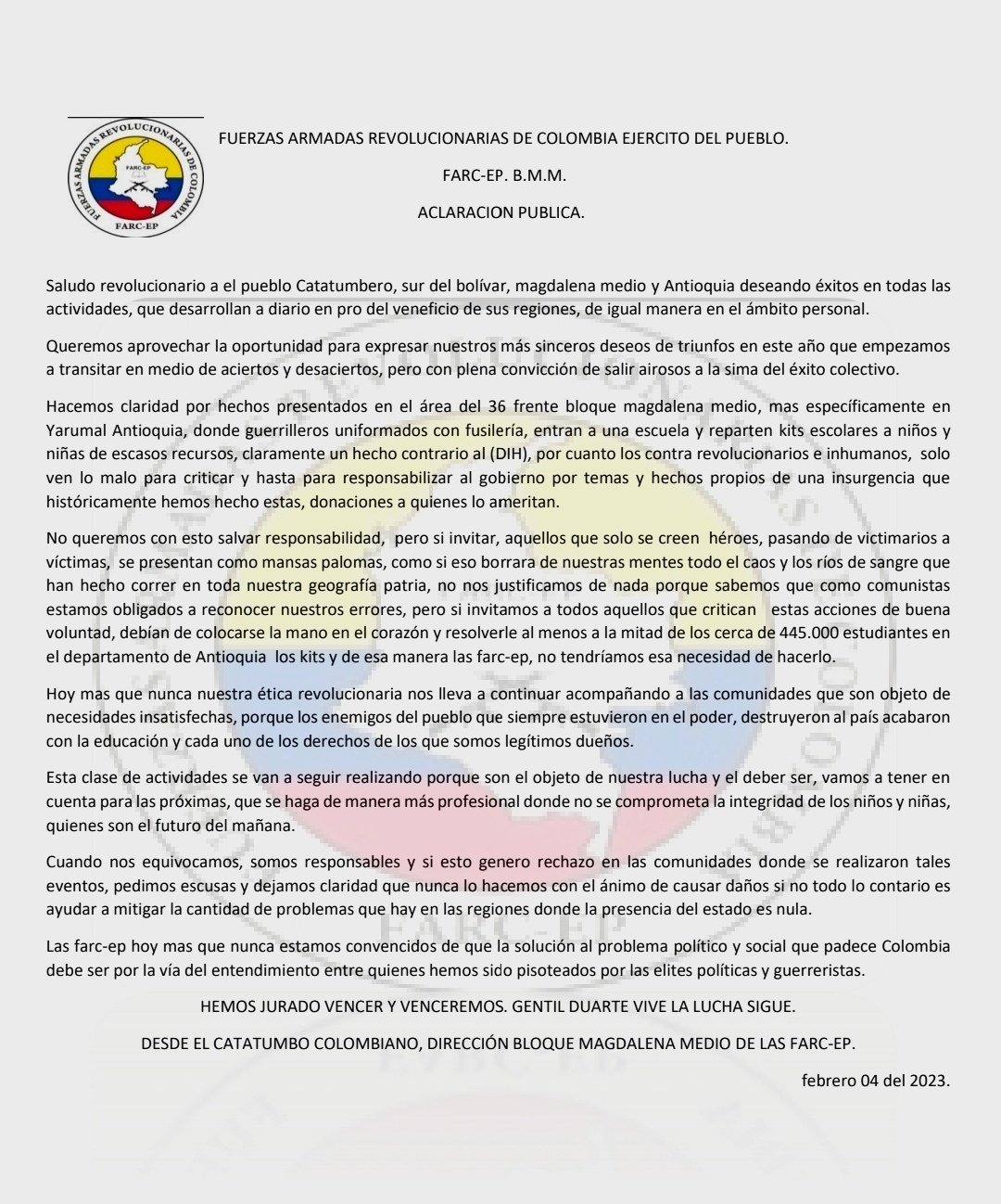 Comunicado del frente 36 de las Farc