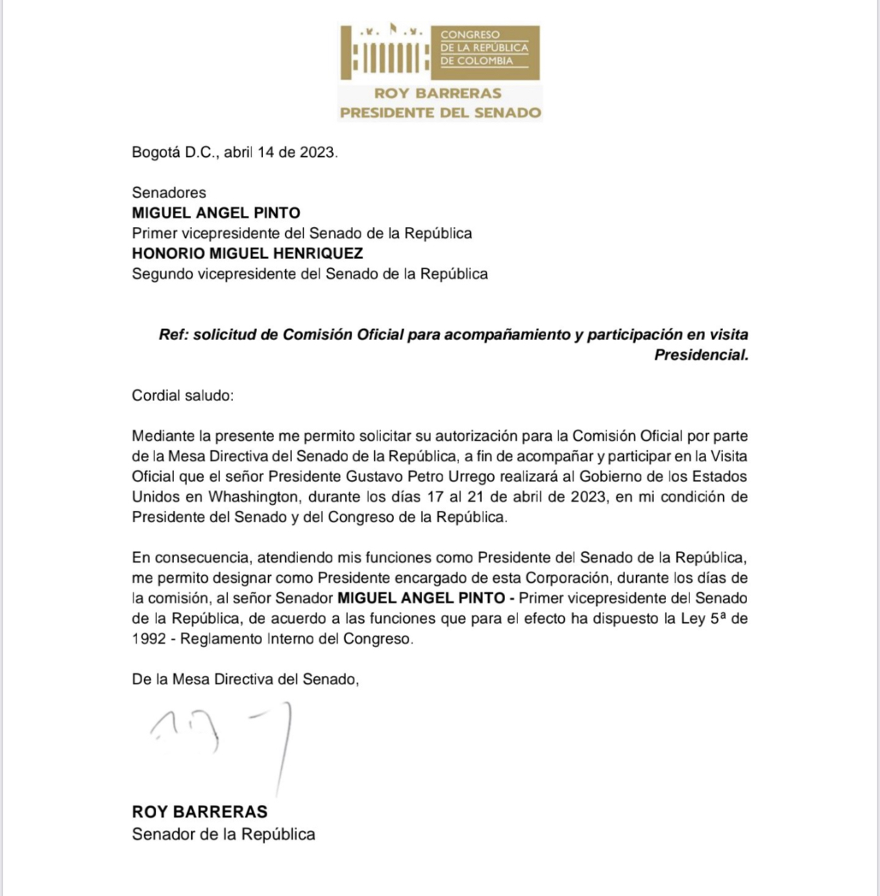 Carta oficial de la visita de Roy Barreras a Estados Unidos