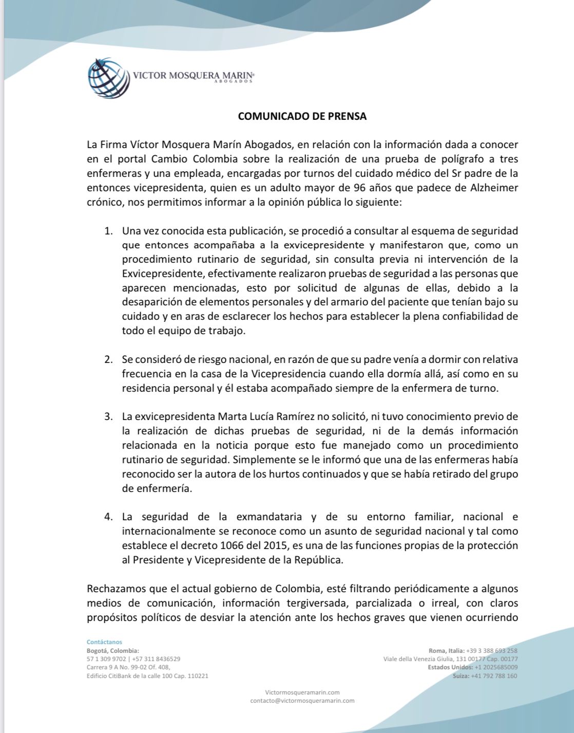 Comunicado abogados de Marta Lucía Ramírez