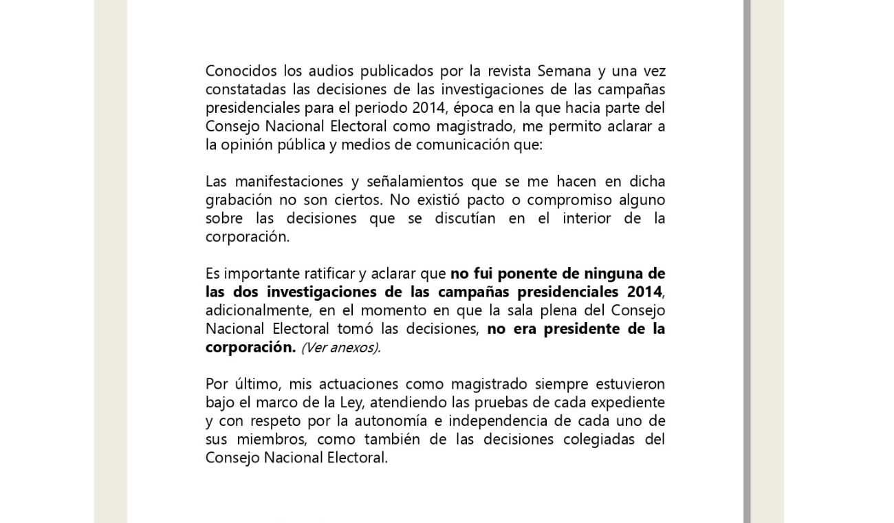 Comunicado de registrador Alexander Vega