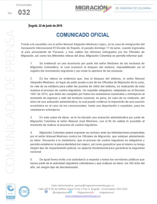 Comunicado de Migración Colombia sobre caso de Manuel Medrano