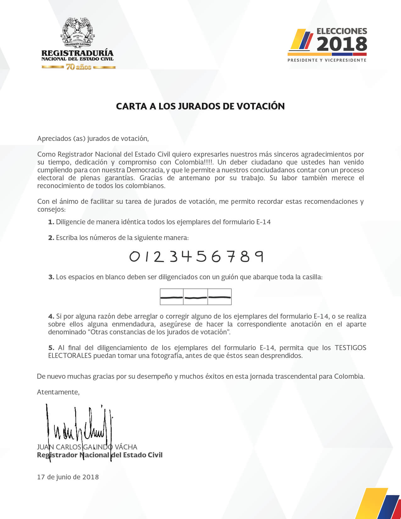 Recomendaciones a los jurados de votación por parte del registrador Juan Carlos Galindo