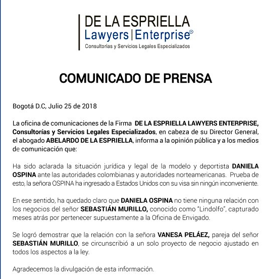 Comunicado de Abelardo de la Espriella sobre Daniela Ospina