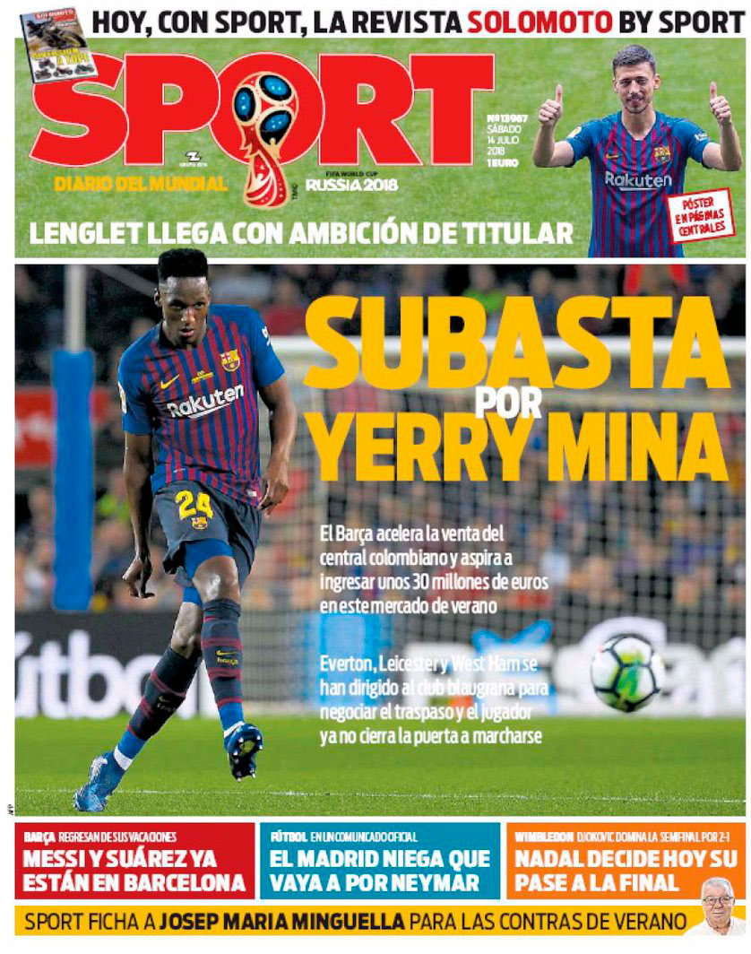 Yerry Mina, en la portada del diario Sport