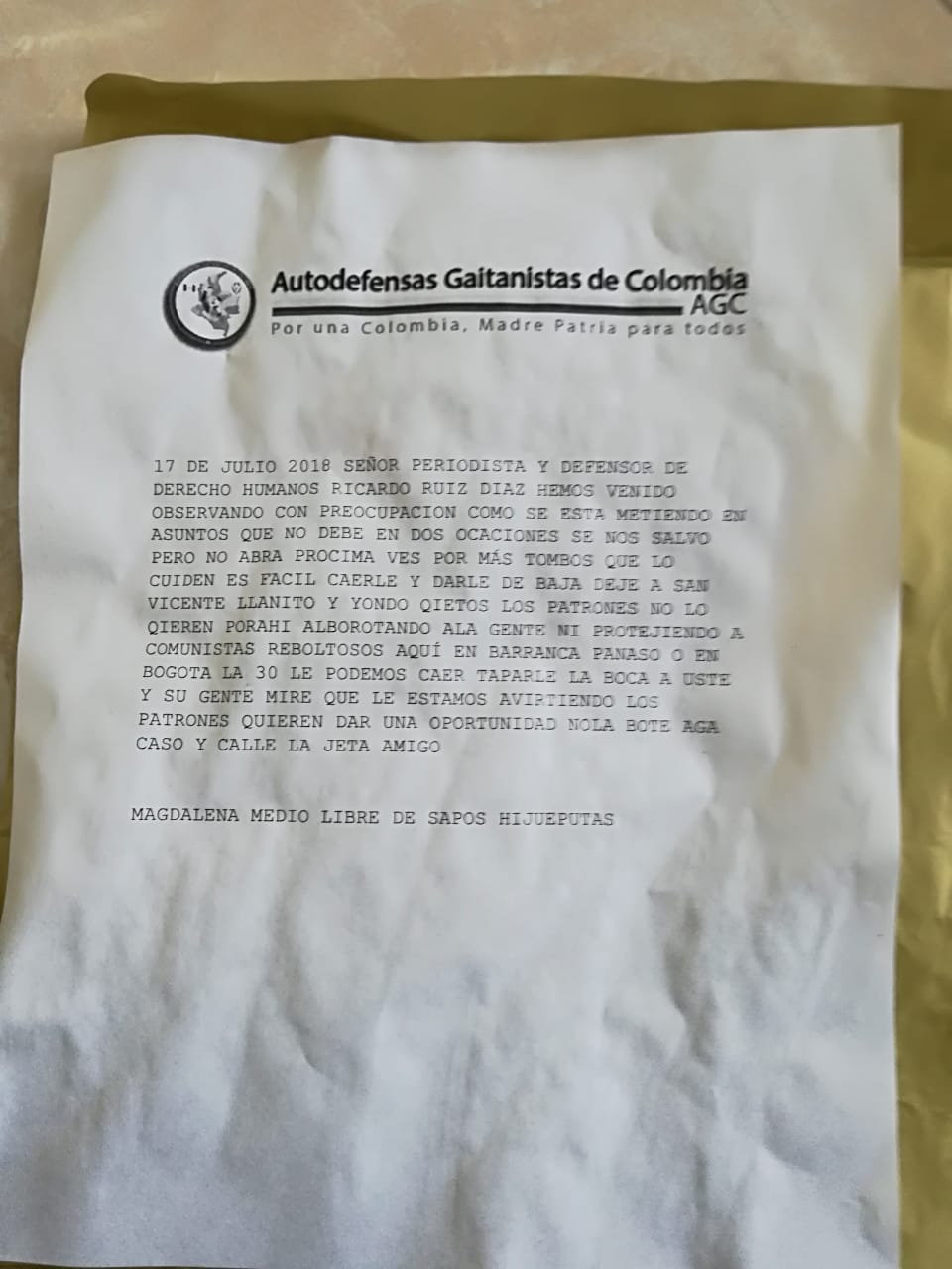 Amenaza a Periodista Ricardo Ruidíaz