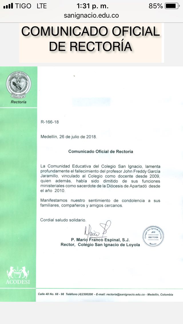 Comunicado Colegio San Ignacio de Medellín.