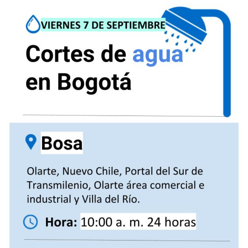 Cortes de agua viernes 7 de septiembre en Bogotá