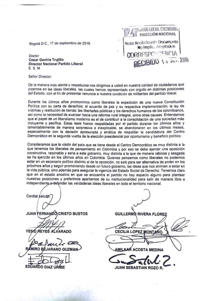 Carta de renuncia a César Gaviria. 