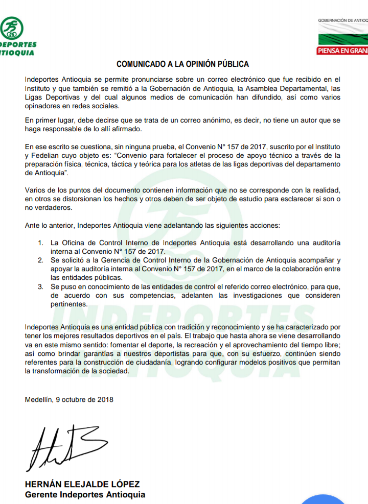 Comunicado Indeportes Antioquia