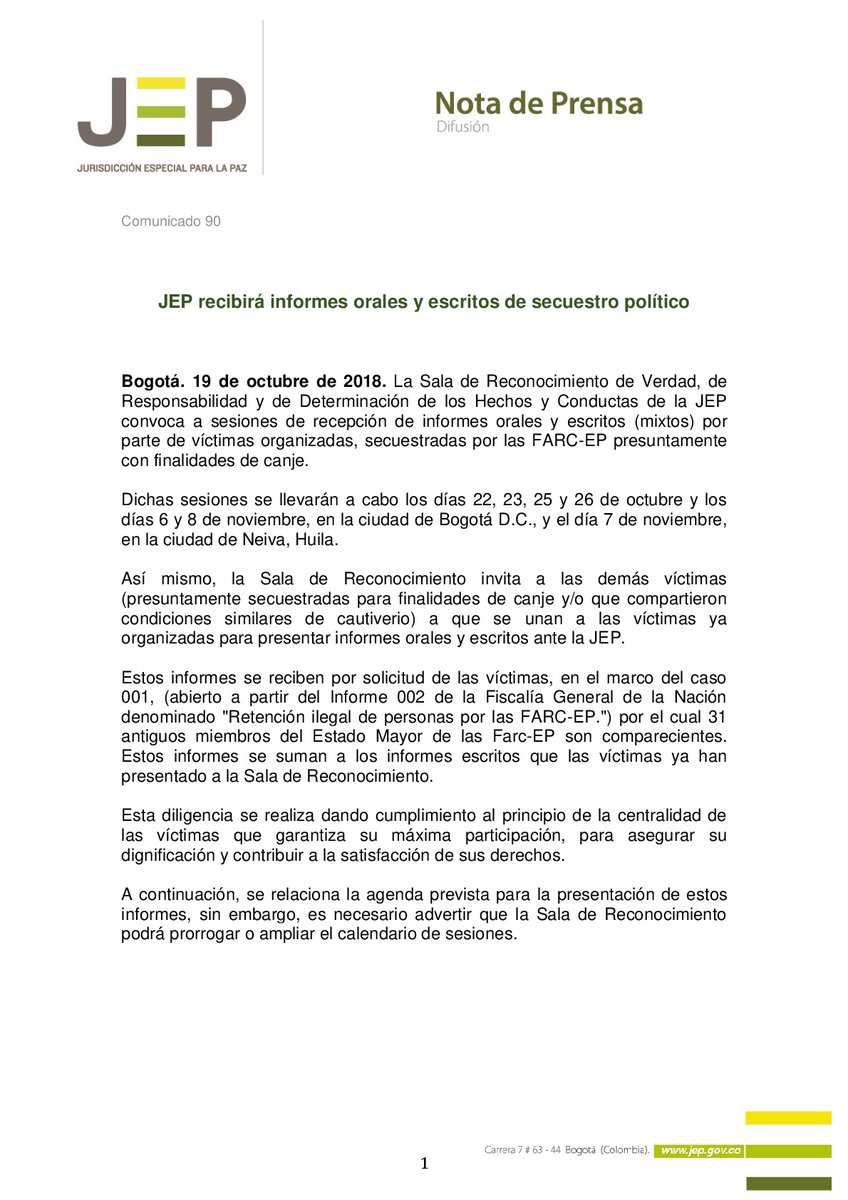 Comunicado de la JEP