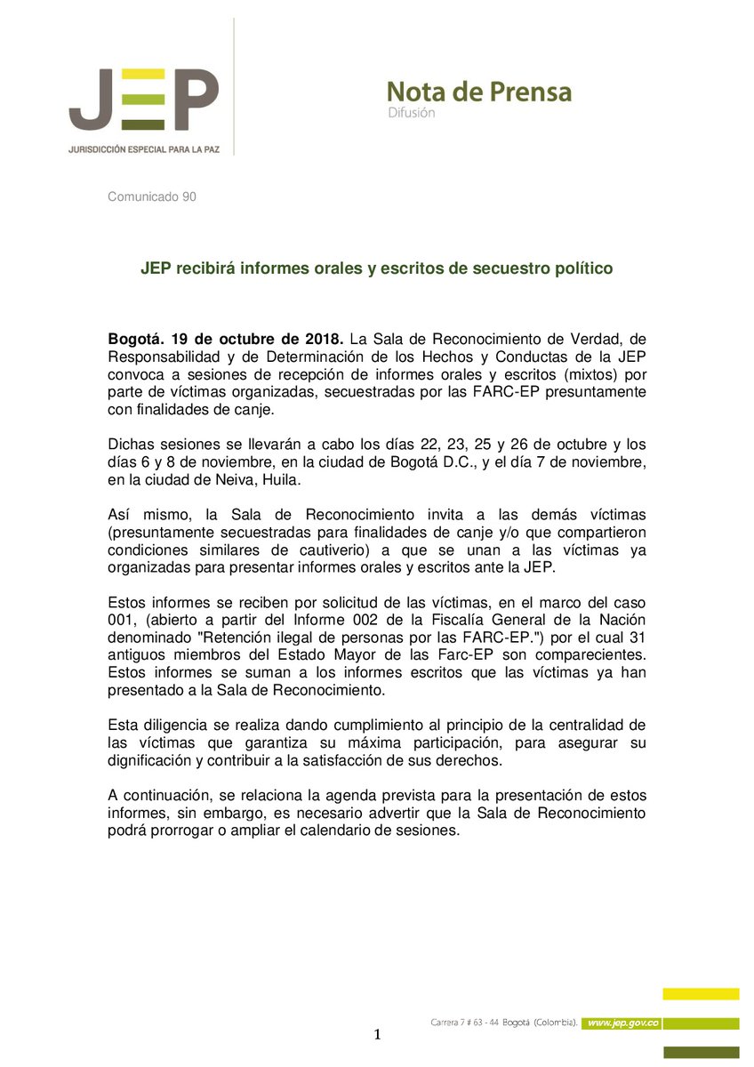 Comunicado de la JEP