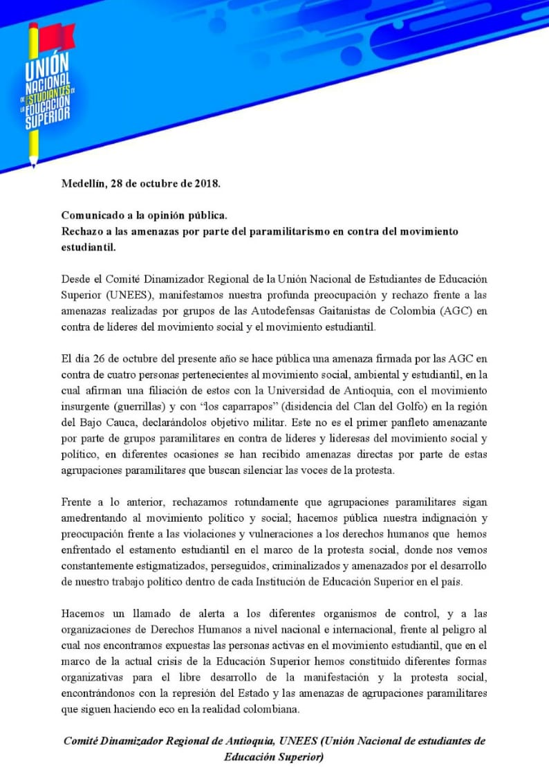Comunicado Unión Nacional de Estudiantes de Educación Superior (Unees)