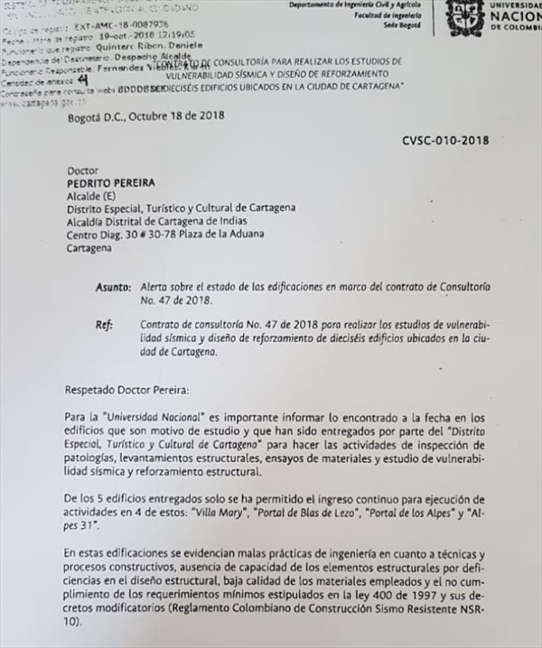 El alma mater le recomienda al Distrito ordenar la evacuación inmediata de los inmuebles.